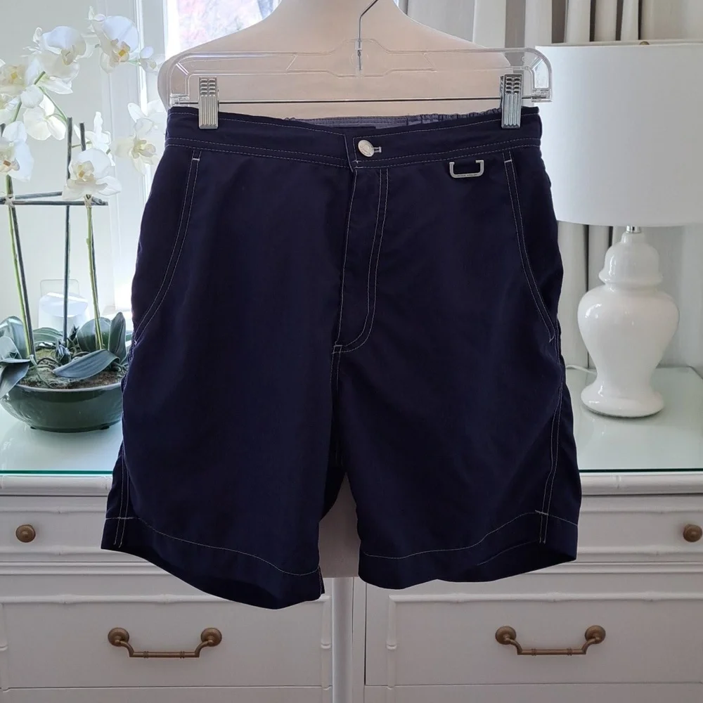Peter Millar Mens‎ Navy Blue Swim Trunks/Board Shorts Zipper Button Elastic SM